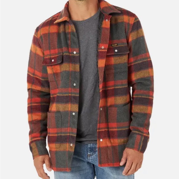 NWT Wrangler Flannel Shirt Jacket Quilted Lining Blaze Orange - Picture 1 of 5